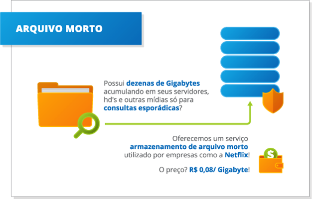 Possui dezenas de Gigabytes acumulando em seus servidores, hd's e outras mídias só para consultas esporádicas?
          Oferecemos um serviço de armazenamento de arquivo morto utilizado por empresas como a Netflix. O preço? R$0,08/Gigabyte.